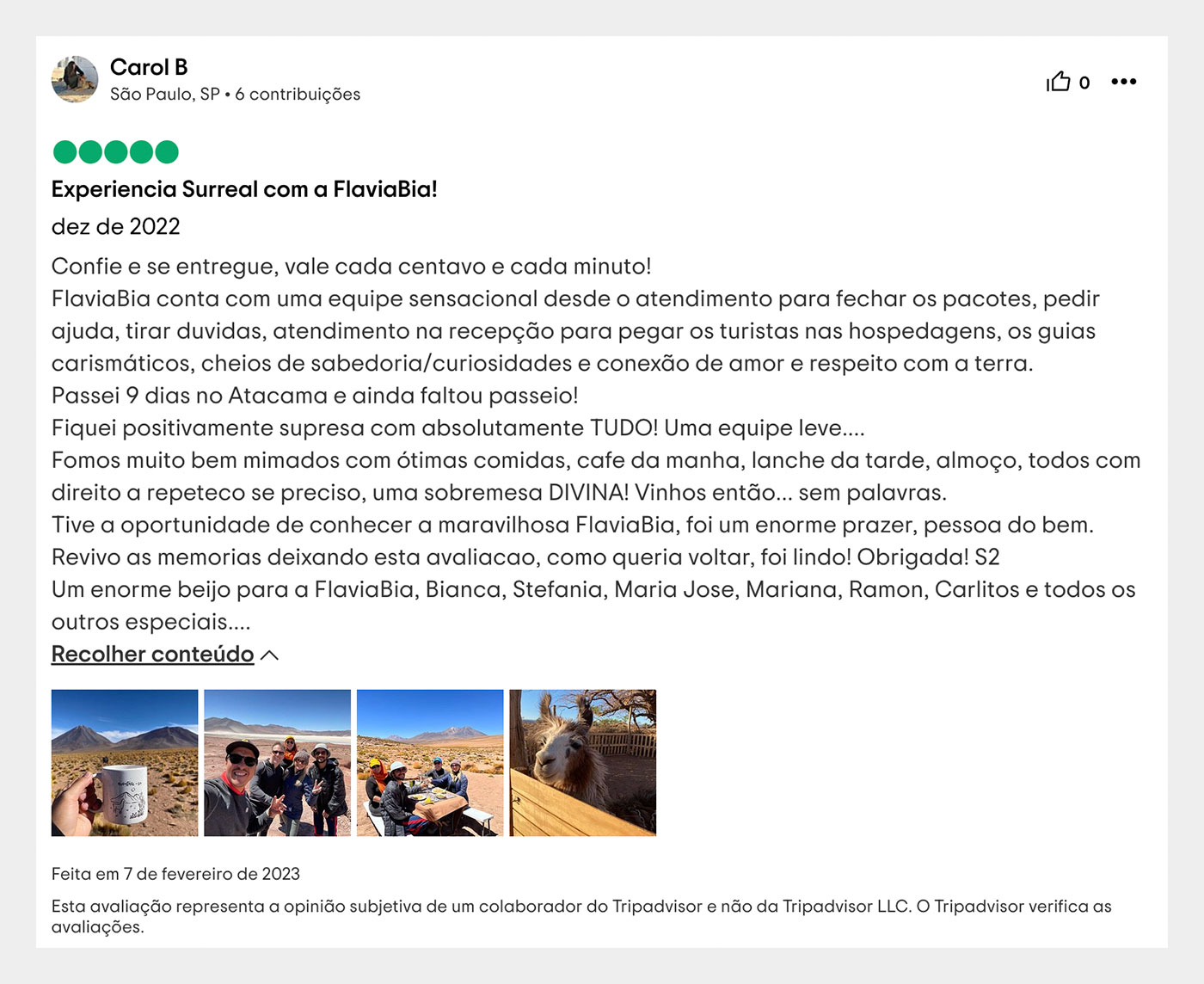 Avaliação FlaviaBia no TripAdvisor